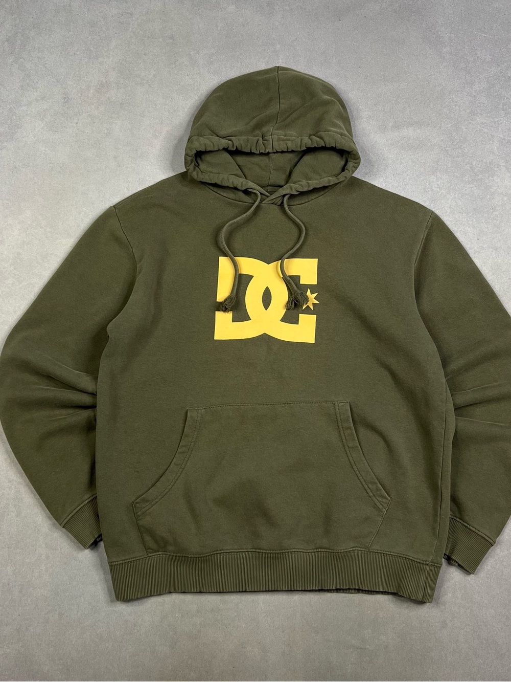 DC Olive Green Crewneck Hoodie with Yellow Logo Y2K